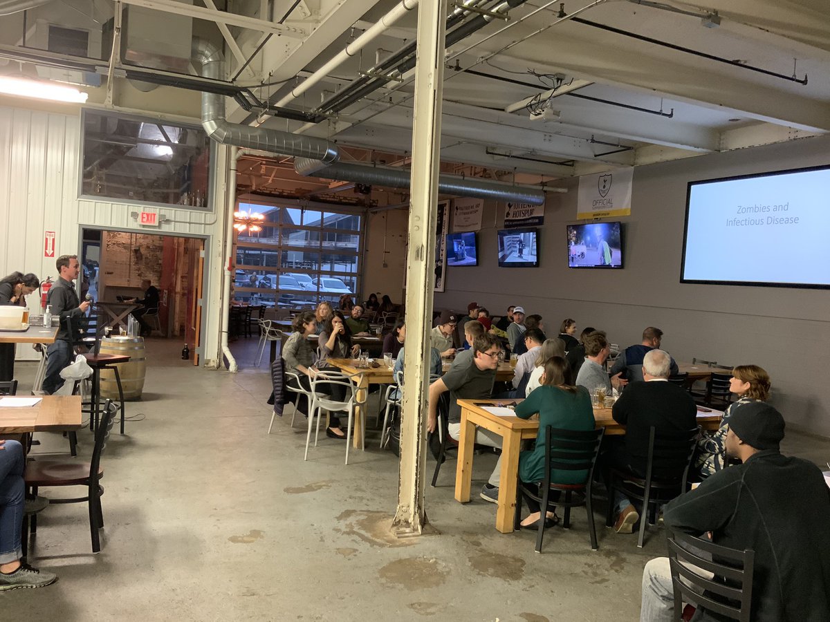 OrganJM's tweet image. And we’re off! The #Halloween edition of @AnatomyNight #BrainBasics starts with a presentation on the epidemiological origins of zombie myths by @GoupilPath. #anatomyscicomm @centerpointbrew @SOCI_iusm @IUMedSchool