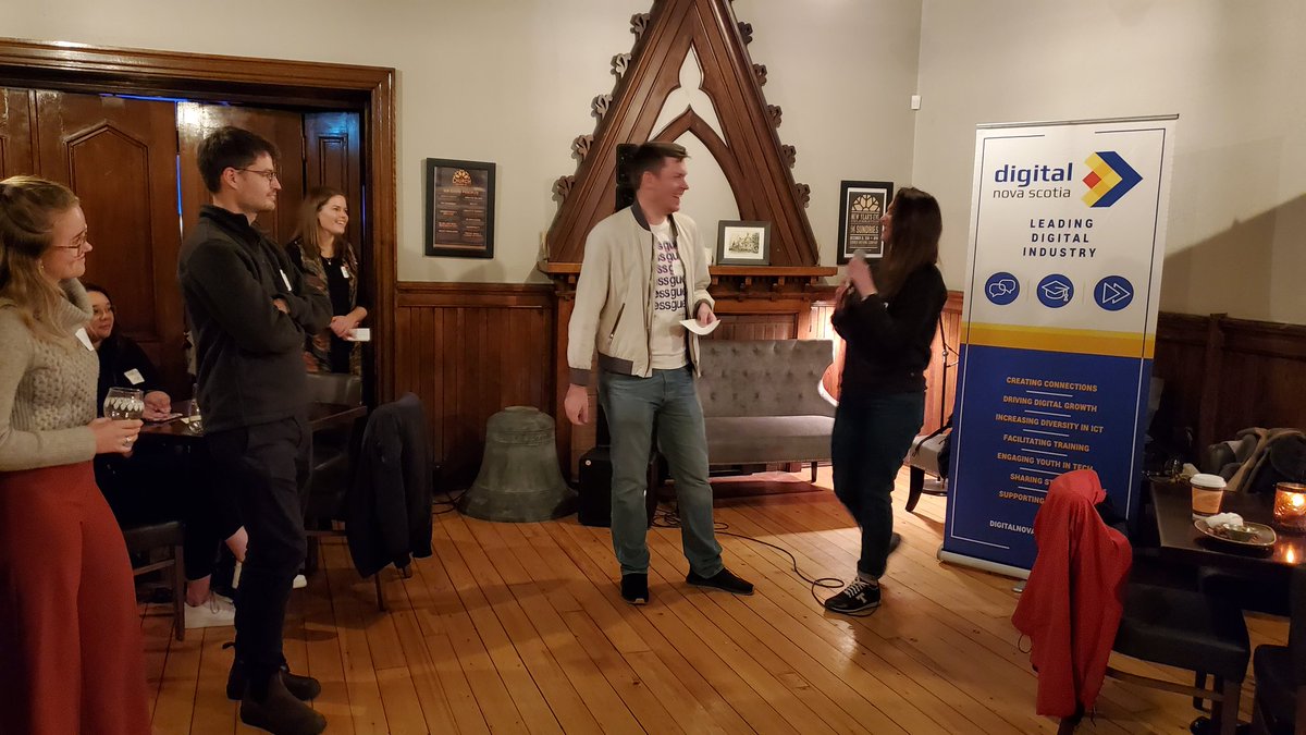 DigitalNS's tweet photo. Our members @otrogames made the crowd laugh tonight, telling tales from the trenches of a startup gaming company! #OpeningDoors (p.s. download the app Halidrive - it's awesome) https://t.co/4NxgiiacCR