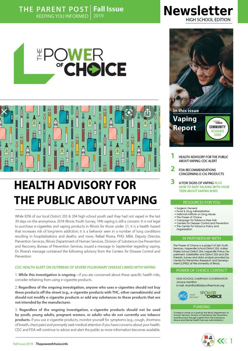 PARENTS OF HIGH SCHOOL STUDENTS
Please make note of the Oct Power of Choice newsletter's public health advisory recommendations issued from the FDA &amp; the Illinois Department of Human Services on the outbreak of severe pulmonary disease linked with vaping 
static1.squarespace.com/static/5b5e100…