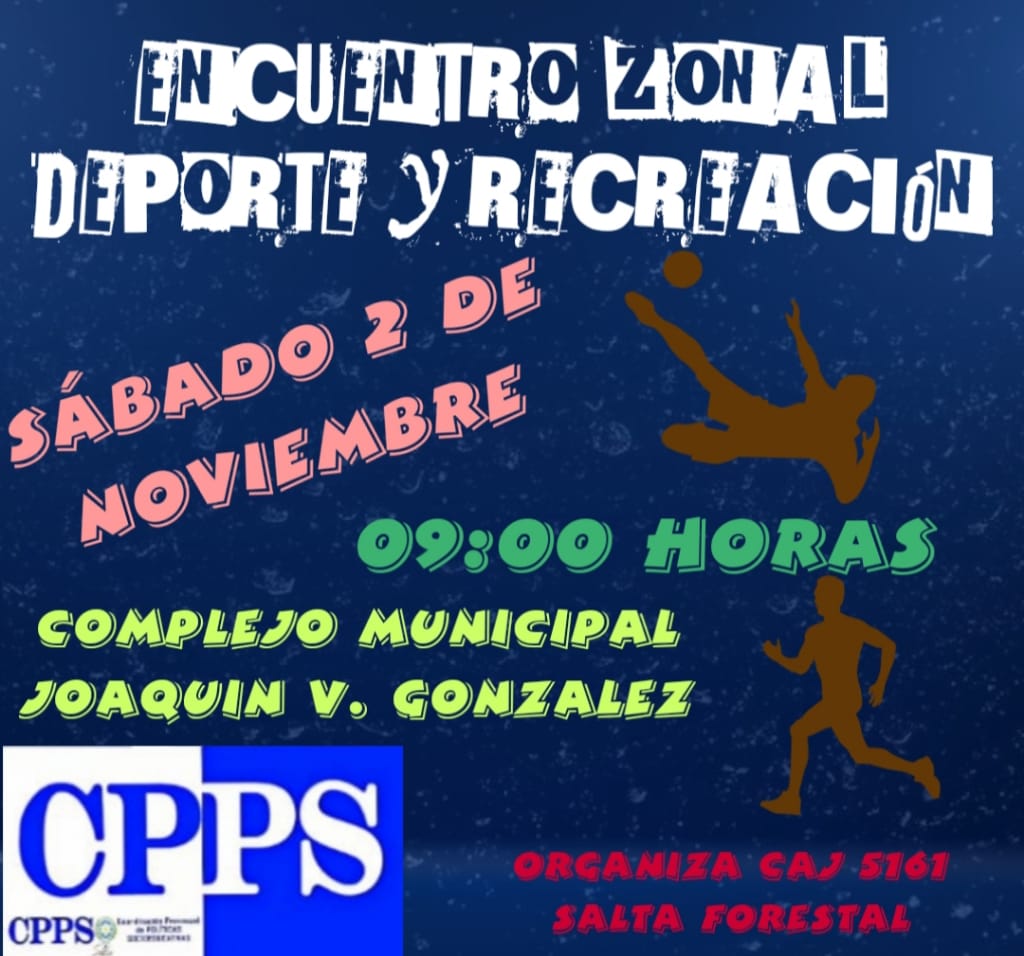 Encuentro de #Deporte y #Recreacion!!! #Sabado 2 de Noviembre!!! A partir de las 9hs‼️
#CAJ2019 #CPPS
<a href="/fguillesaavedra/">GUILLERMO SAAVEDRA</a> <a href="/artydance23/">Gilda Rodríguez</a> <a href="/romyalancay/">Romina Alancay</a> <a href="/3114Caj/">CAJ Escuela Tecnica 3114</a> <a href="/UrtubeyJM/">Juan Manuel Urtubey</a> <a href="/MEducacionSalta/">Ministerio de Educación de Salta</a> <a href="/ANALIAFHER/">ANALIA FHER</a> <a href="/MartaMariaMerlo/">Marta Merlo</a>