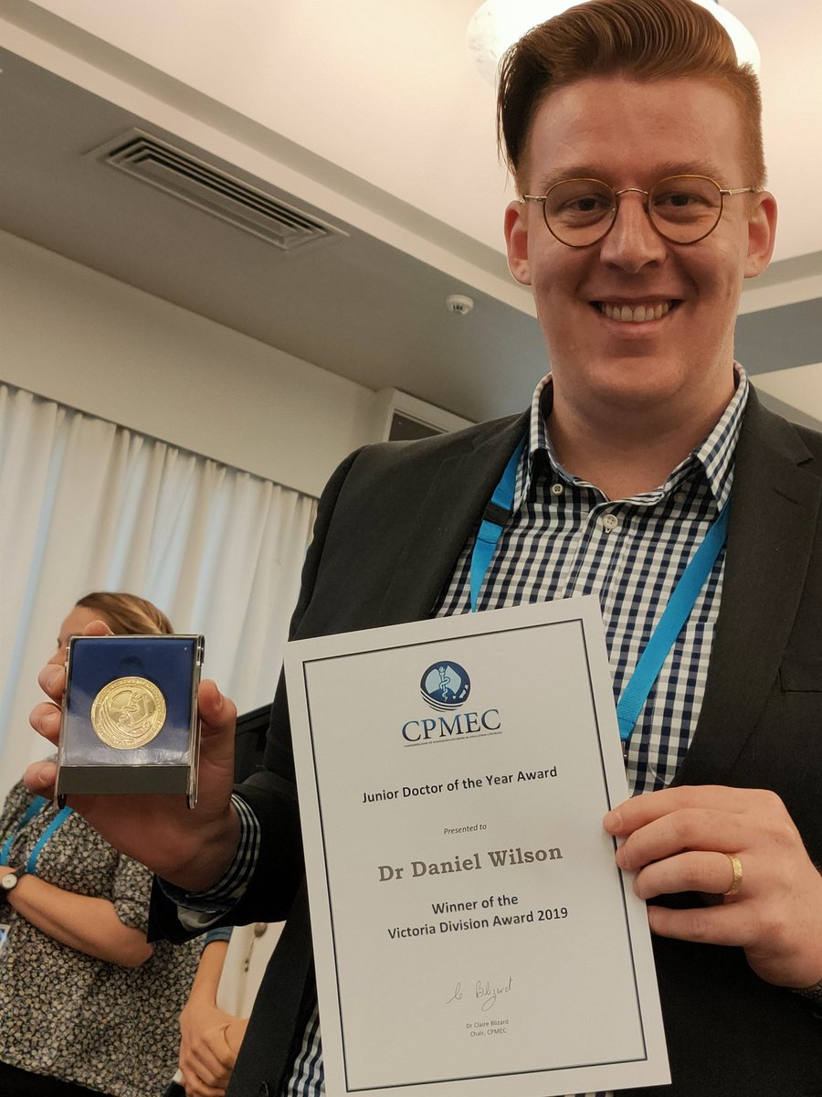 RuralDoctorsAus's tweet photo. Super congrats to @DanWilsonMD, @ACRRM Registrar and @RuralDocsVIC Board Member, who just accepted his award as CPMEC Victorian Junior Doctor of the Year! #prevoc19 #DestinationRural #Ruraltakesyouplaces #bestjobintheworld https://t.co/vpKBhgOA58