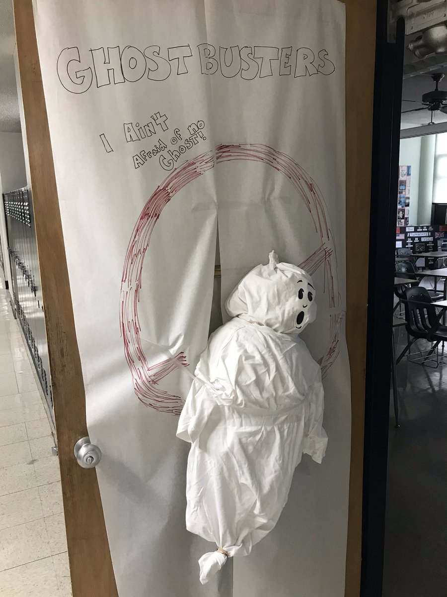 StPXDeutschmann's tweet photo. Halloween door decorating contest! Deutschmann House with the #Ghostbusters theme! #WhoYouGonnaCall? https://t.co/KbdcZ7zlaM