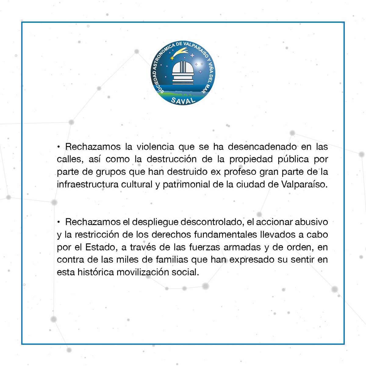 AstroSaval's tweet photo. Querida Comunidad, les dejamos nuestra declaración pública respecto del acontecer nacional. https://t.co/icn3IqnCtz