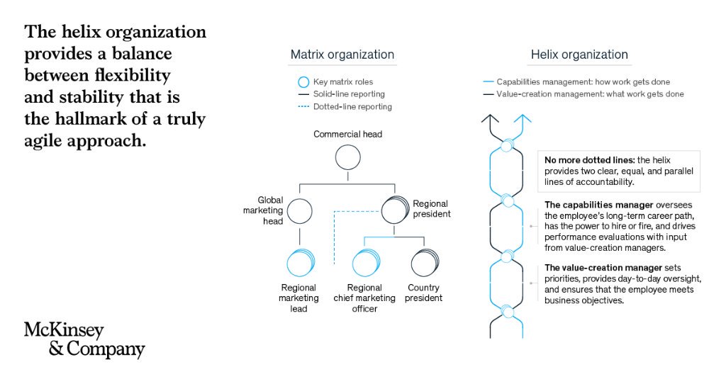 McKinsey's tweet photo. In a helix organization, separating people-leadership tasks from day-to-day business leadership can help organizations strike a better balance between centralization and decentralization, reduce complexity, and embrace agility. https://t.co/NvV0GXHCjc https://t.co/PJdU9W5MDG