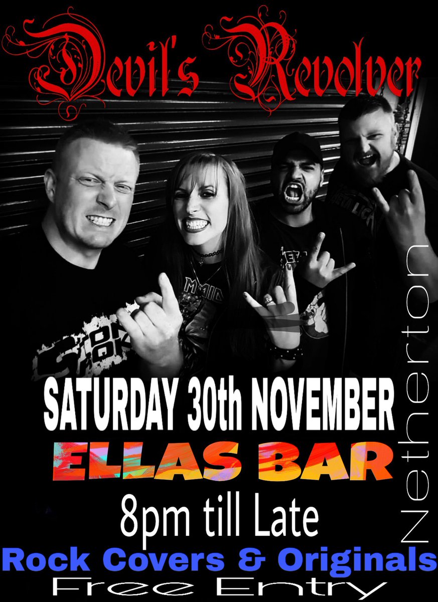 DevilRevolver's tweet image. We are now playing Ellas Bar Netherton Saturday 30th November.  Free Entry and loads of Rock n roll