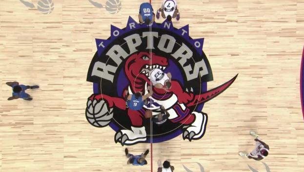 ESPNNBA's tweet photo. The @Raptors throwback logo on the hardwood tonight is 🔥 https://t.co/EHAZWcpPGH