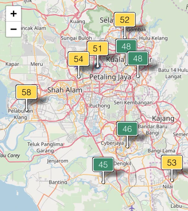 サロンへのシェアついでに毎日マレーシアの空気汚染度を観測してますけど、今日はなかなか良い。エリアによっては久しぶりに50を下回る数値が。

ちなみに東京駅付近との比較。東京って、空気良いんだなあ… 