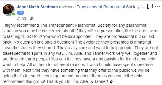 TranscendentPS's tweet photo. We are so humbled when we receive reviews like this. It’s refreshing and validates why we are in the #paranormal - to help people and educate the public about the paranormal in an informative and fun way. #paranormallife https://t.co/Mh2U7WT6hC