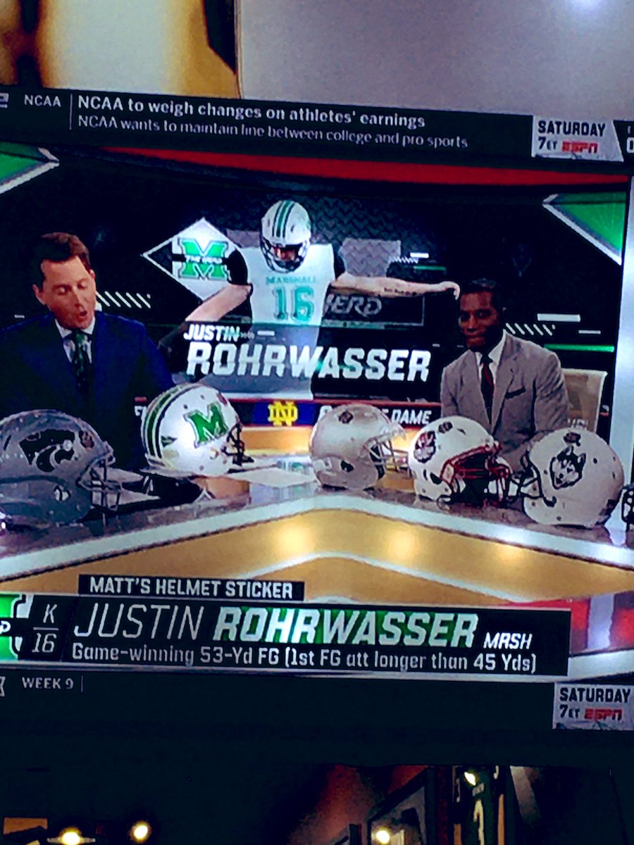 OurHurricaneWV's tweet photo. Somebody got an @ESPNCFB Final Helmet Sticker!!!! @HerdFB Kicker @Xjrowex16 Justin Rohrwasser! @marshallu #SonOfMarshall #ThisIsWV https://t.co/0LAqfa5Qmi