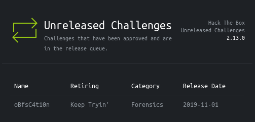 First challenge I've submitted to <a href="/hackthebox_eu/">Hack The Box</a>
 is going to be released Friday. 

Good luck to all! I hope you enjoy it.