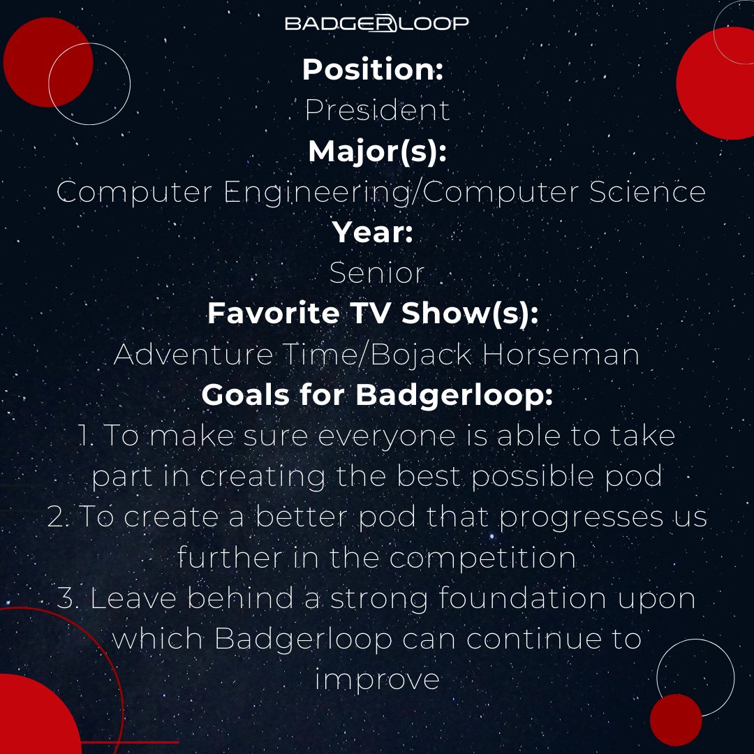 uwsolarracing's tweet photo. We will be highlighting our organization’s President Ezra Boley for our first #meetTheTeamMonday. Ezra started off with battery team (accidentally) before he moved to Software and then Controls, before finding himself being elected President for competition V.
#badgerloop https://t.co/KGGNN57YEz