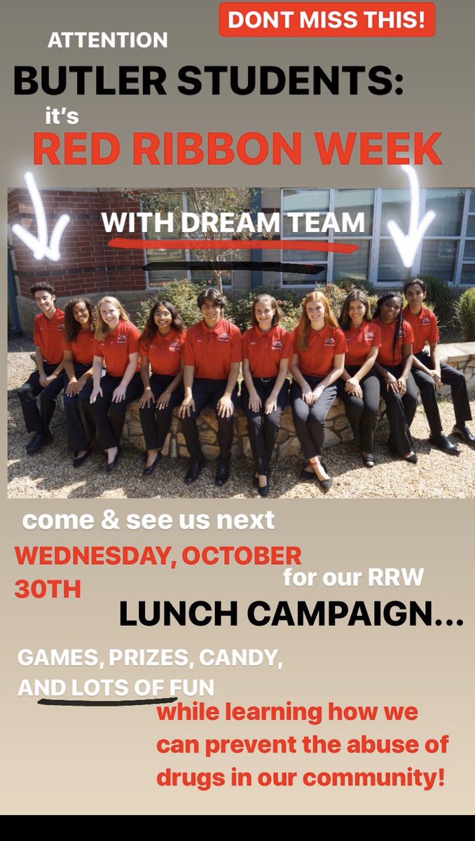 ButlerHSDT's tweet image. Hey bulldogs! remember it’s Red Ribbon Week!! Come to our lunch campaign Wednesday October 30th to play games, meet special guests and learn about ways you can stay drug and alcohol free!