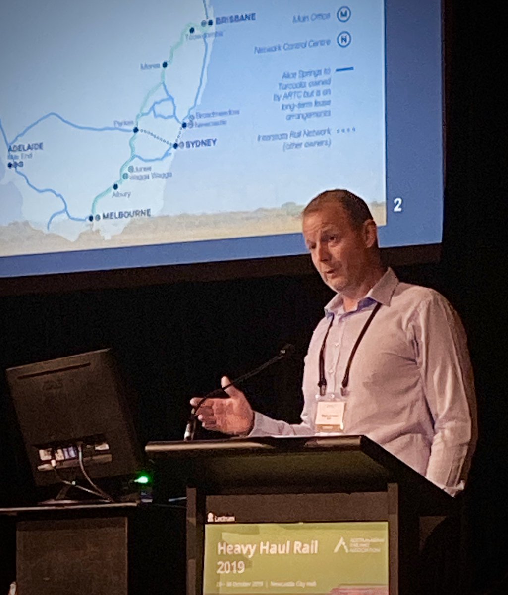 AustRail's tweet photo. ARTC’s Wayne Johnson describes the Hunter Valley rail network they manage and how their capacity strategy is evolving with the export market. Detailing the $1.5bn ARTC have invested to build capacity in this area. #HHRAIL #AustRail @Informa_Oz  #ARTC https://t.co/zW1FKxGZWp