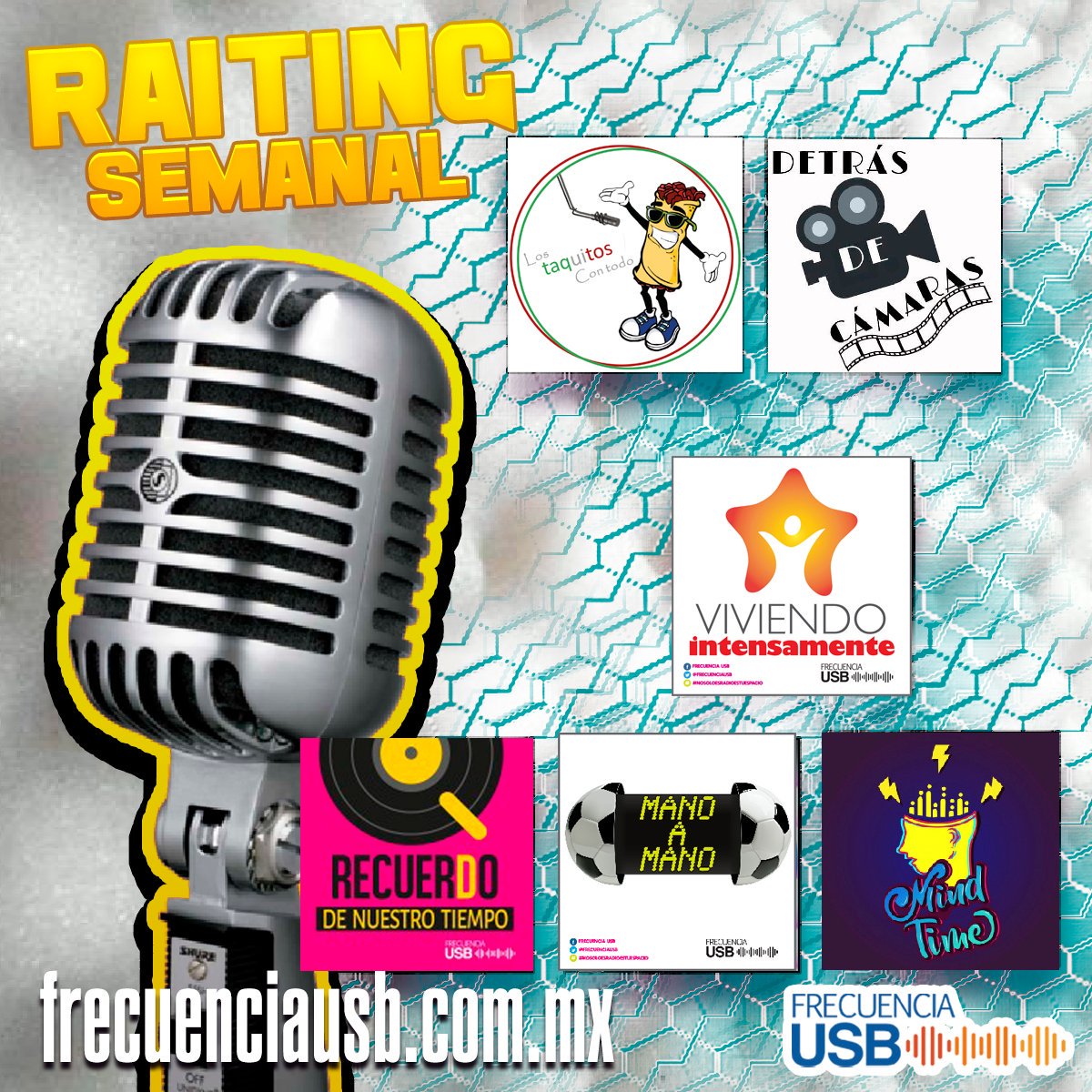 FrecuenciaUSB's tweet photo. ¡Raiting de la Semana!
@LosTaquitosConTodo
@D_CamarasUSB
@FranklCasa
@Recuerdosdenuestrotiempo
@raul121586
@mindtime_usb
@FrecuenciaUSB @USB_Mexico
#NoSoloEsRadioEsTuEspacio #RaitingDeLaSemanaUSB https://t.co/bZdynFzIVj