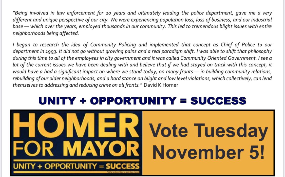 HomerFor's tweet image. UNITY + OPPORTUNITY = SUCCESS 
Vote 🗳 Tuesday November 5th 🇺🇸

electhomer.com
#DaveHomerForMayor