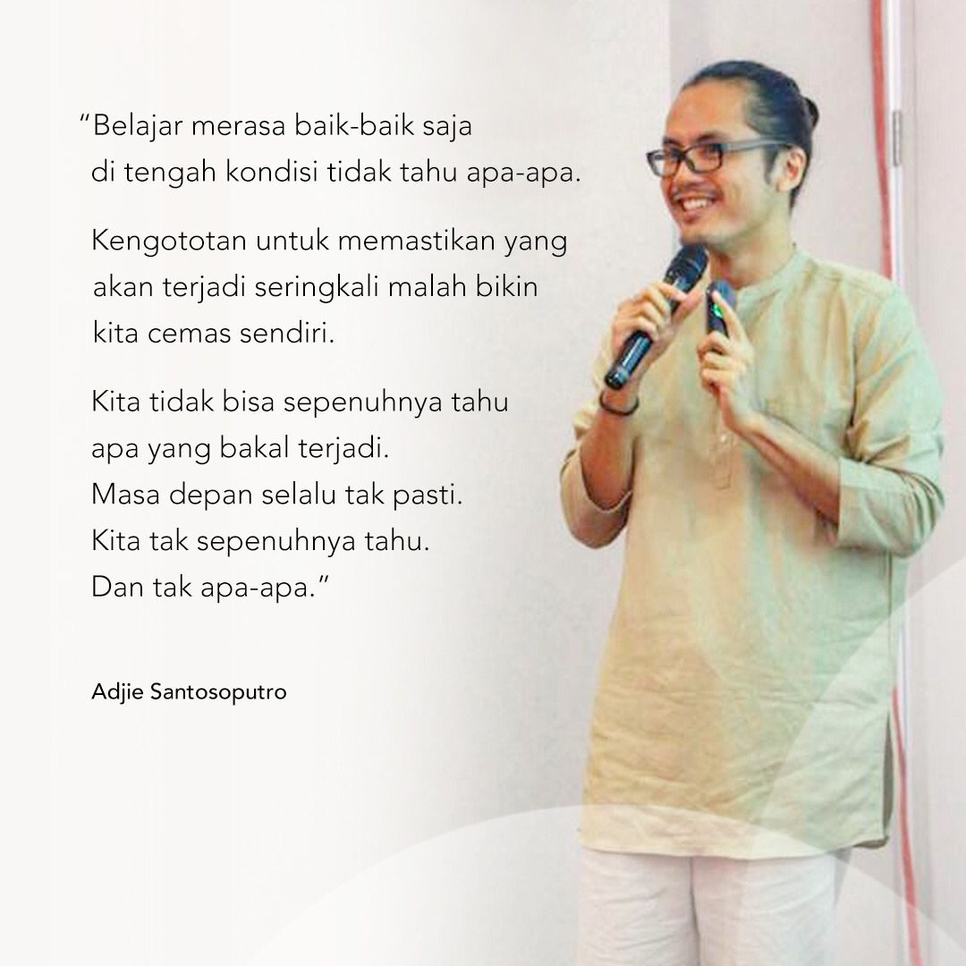 AdjieSanPutro's tweet photo. Dunia kerja membiasakan diri kita untuk sebisa mungkin mengetahui apa yang bakal terjadi.

Seimbangkan dengan melatih diri tetap merasa bahagia walau tidak tau apa yang bakal terjadi. Karena bagaimana pun, masa depan akan selalu menyajikan ketidakpastian. https://t.co/9SeHVURg47