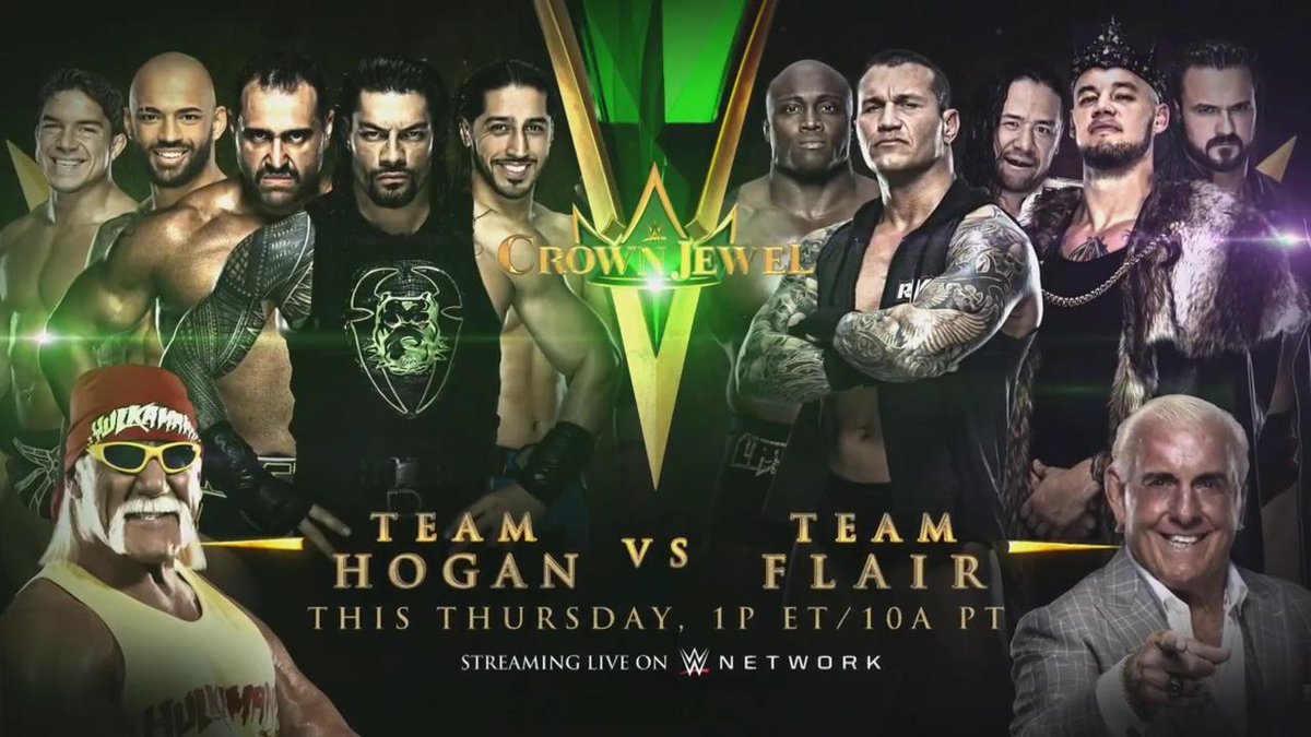 It's #TeamHogan vs. #TeamFlair in a #10ManTag, ONE FALL to a FINISH, and it happens THIS THURSDAY at #WWECrownJewel! #RAW