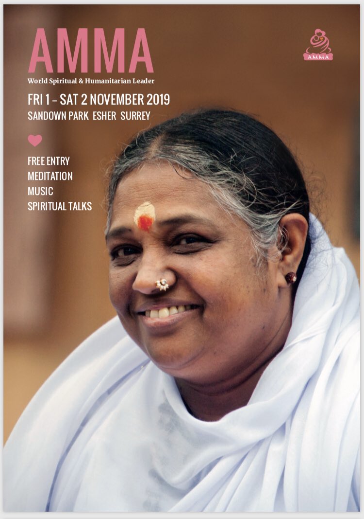 uk_amma's tweet photo. Few days left until Amma #mataamritanandamayi visits #UK. Its a free program and open to everyone. #whatshappeningthisweekend come for a #hug from #huggingsaint #ammavisitsuk #1And2Nov @ #sandownparkracecourse #esher https://t.co/WRRyN2Ank3