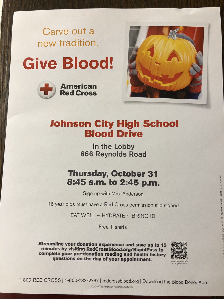 JCHS_StudentGov's tweet photo. Do Not Forget About This Year’s Johnson City High School Blood Drive! This Thursday, October 31st!@JCHS_StudentGov https://t.co/cFxcxoXksx