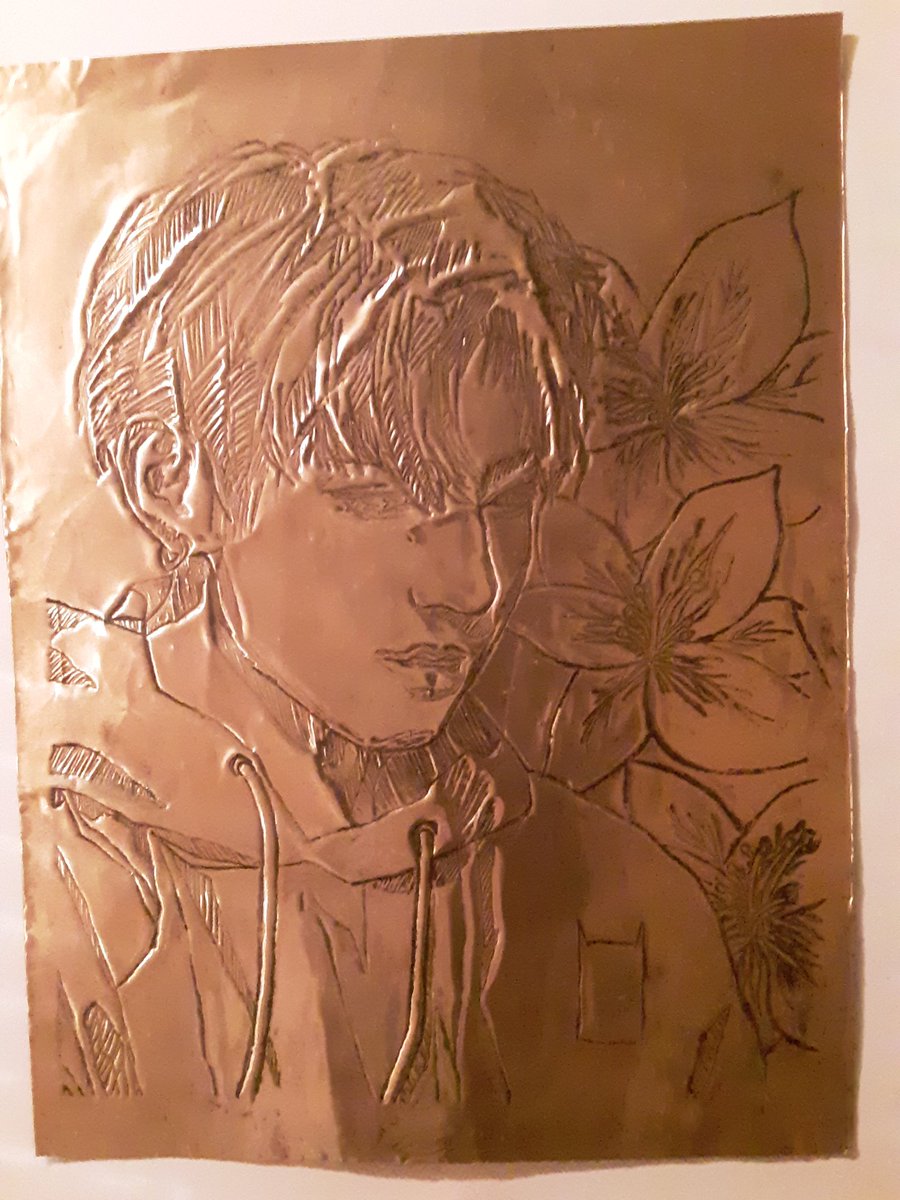Here's a metal working project I did of  #jungkook in art class last week. There was an original drawing of jk that I used as a reference but I'm not sure who the artist is.  #Jungkookfanart  #art  #btsfanart
