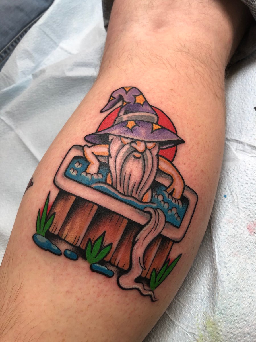 “The Wizard of Spas” by Omar @ Ragtime Tattoo in STL, MO. Been thinking about this for a very long time. Glad I got it finally done! #HotTub #SoStLouisAskMyTattooist