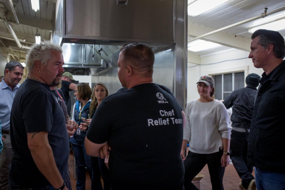 Every <a href="/WCKitchen/">World Central Kitchen</a> relief effort takes a village! Local community is coming together to serve their neighbors...Thank you <a href="/GavinNewsom/">Gavin Newsom</a> for visiting WCK’s kitchen &amp; our local chefs <a href="/GuyFieri/">Mayor Guy Fieri</a> <a href="/TylerFlorence/">Tyler Florence</a> <a href="/ChefCosentino1/">Chris Cosentino</a> plus hundreds of volunteers &amp; supporters! #ChefsForCalifornia