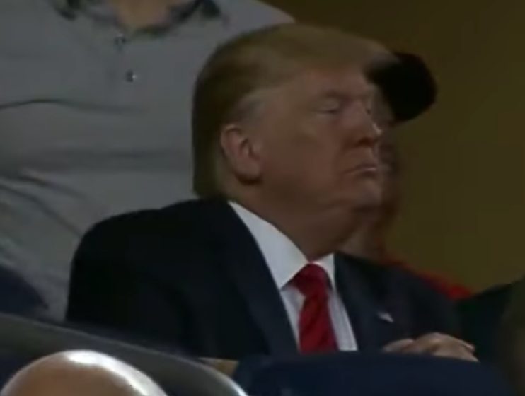 34/ Trump closes his eyelids almost completely, hunches his shoulders, foreshortens his neck, tilts his head back — with his chin pushing forward (0:51). His fingers remain intertwined. This is a classic nonverbal cluster of Arrogance.