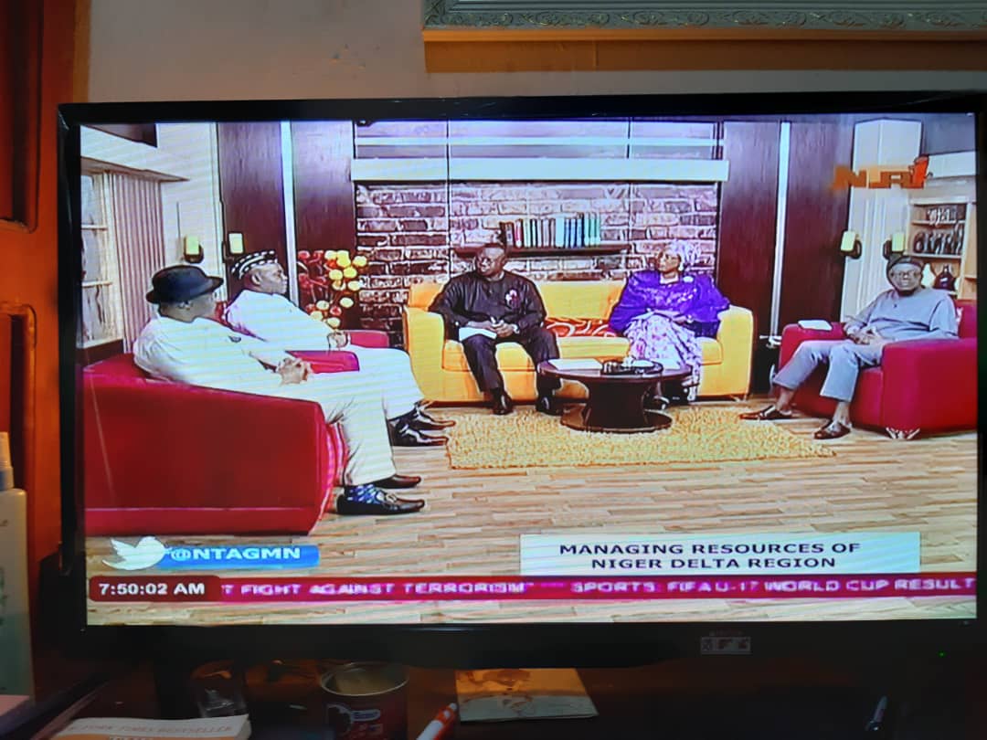 aneejnigeria's tweet photo. #OpenND With ANEEJ ED @Ugolor discussing issues of managing resources in the Niger Delta Region on @NTAGMN is Sen. Ita Enang, Senior Special Assistant to the President on ND Affairs, Senator Magnus Ngei Abe, Rivers State and Sen. Donald Omotayo, Minister of State ND Affairs. https://t.co/YHahJa7pD2