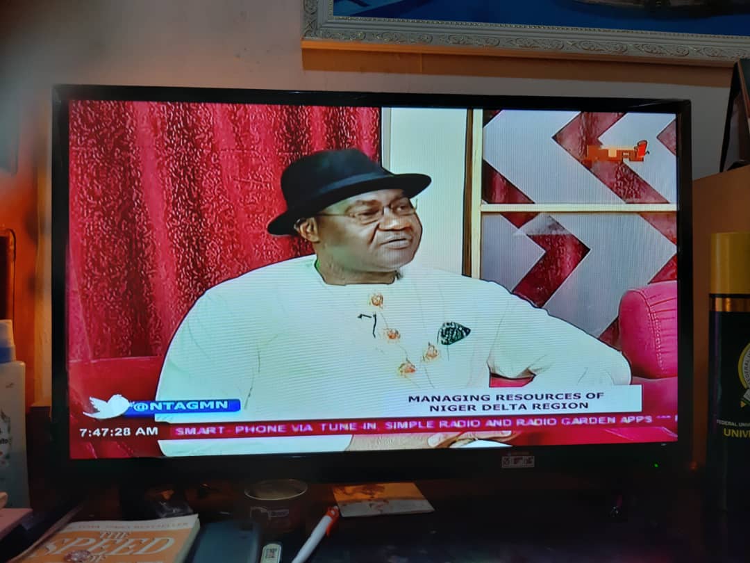 aneejnigeria's tweet photo. #OpenND With ANEEJ ED @Ugolor discussing issues of managing resources in the Niger Delta Region on @NTAGMN is Sen. Ita Enang, Senior Special Assistant to the President on ND Affairs, Senator Magnus Ngei Abe, Rivers State and Sen. Donald Omotayo, Minister of State ND Affairs. https://t.co/YHahJa7pD2