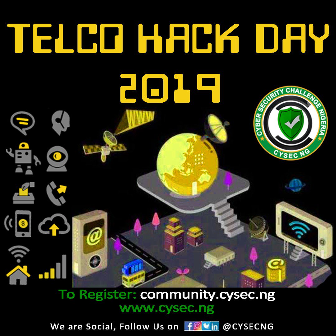 CYSECNG's tweet photo. #TELCO #HACK #DAY #2019 02.11.2019 in #Lagos, #Nigeria.

#CYSECNG Community Weekend Hackathon

40 Participants from the 6 geopolitical zones in Nigeria.

Visit our hackers community for full details and meet new friends.

You might be among the Top 5

https://t.co/mTxW4fEJaH

RT https://t.co/ezoAnDuNqN
