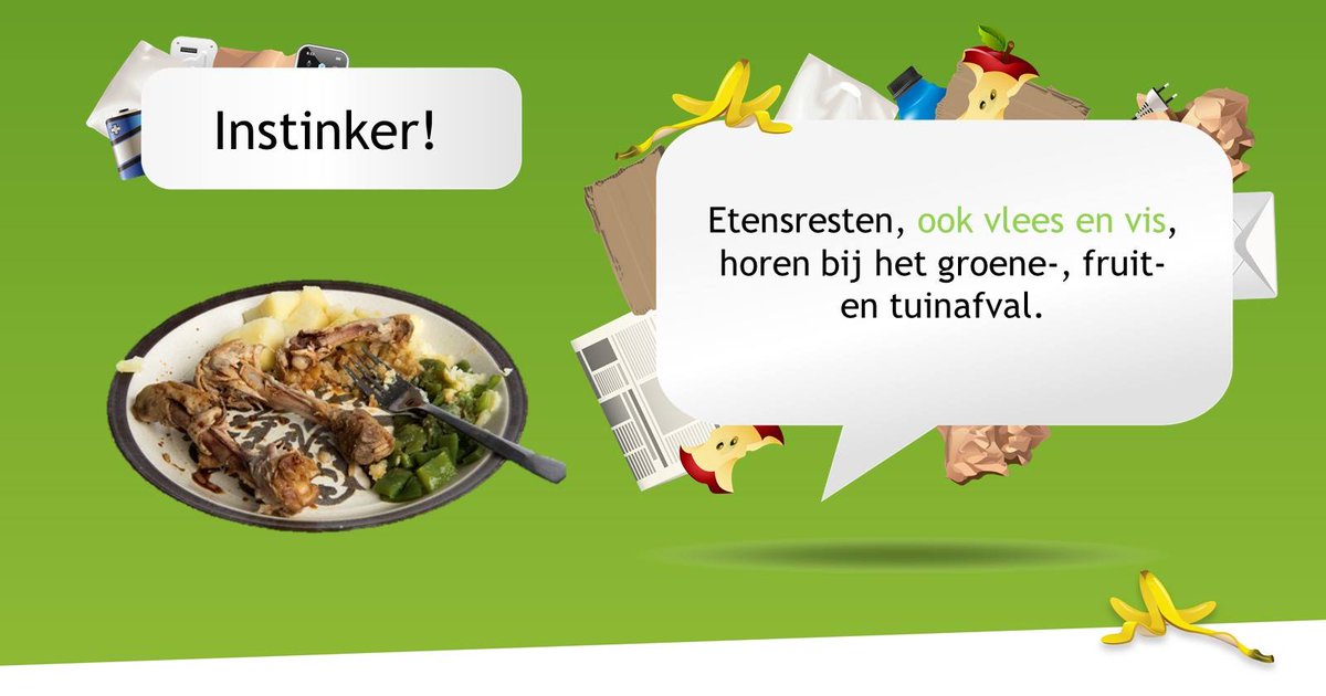 Gem_Montfoort's tweet photo. Keukenafval kan een echte #instinker zijn. Etensresten, ook restjes van vlees en vis, horen niet bij het restafval maar bij het gft. Twijfels over welk afval in welke bak hoort? Check de afvalscheidingswijzer van @Cyclus_NV op https://t.co/1sCxqaLO2k. Of de app!
#afvalscheiden https://t.co/CNe4EBbes9