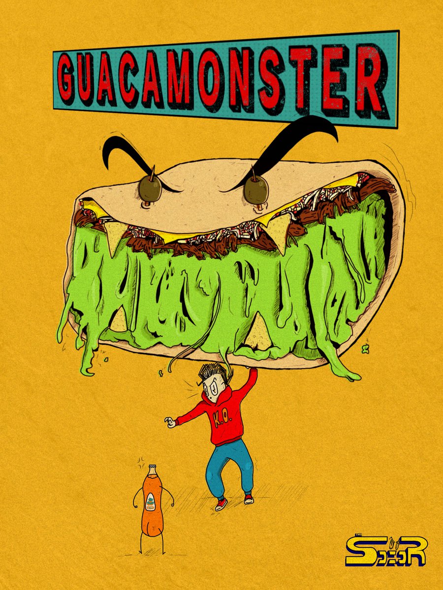 TheSocor's tweet photo. Some #Inktober2019 stuff. And a little big butt @Jarritos tryna fight a GUACAMONSTER. You know... Just by Socor.
#art #mexicanart #mexico #mexicanfood #flyer #retro #comics #coverart https://t.co/MUrIsCXOLR