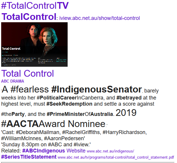 WgarNews's tweet photo. #TotalControlTV, nominated for 7 #AACTA Awards | ft #DebMailman who plays a #fearless #IndigenousSenator | Sundays on #ABCTV + #iview https://t.co/i4yjBaQGRg | #Awaye interview https://t.co/HuttlvZy3n | #ABCIndigenous web | #AboriginalTalk #WGARmob 29Oct19 https://t.co/WONQydo0FM https://t.co/lxb5Tt5WFe