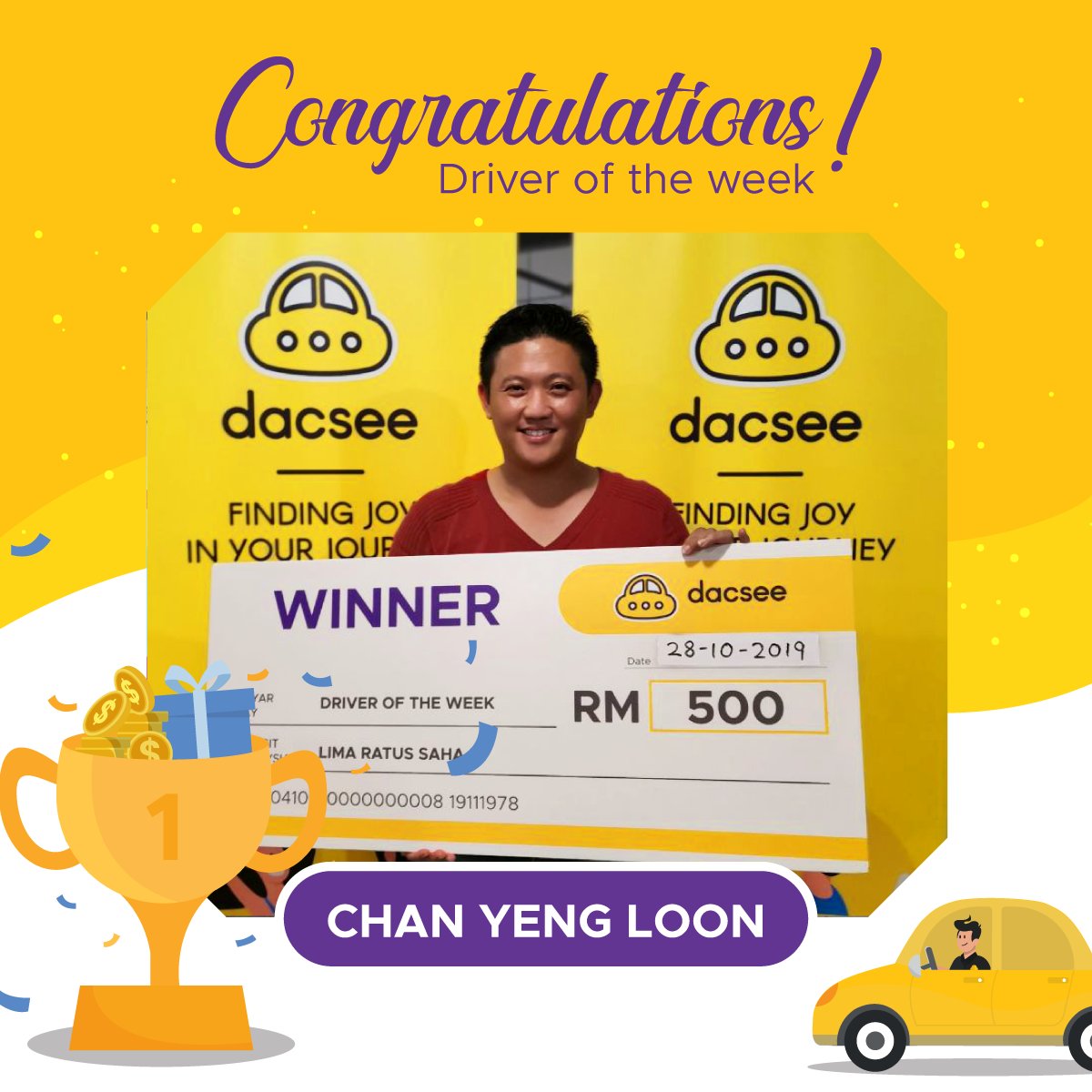 DACSEEOFFICIAL's tweet photo. Congratulations to Chan Yeng Loon for being selected as Dacsee Driver of The Week. Mr.Chan received RM500 cash from Dacsee as the prize.
#dacsee #dacseemy #dacseejoy #dacseemalaysia #findingjoyinyourjourney #ridehailing https://t.co/VuuB4qjyEP