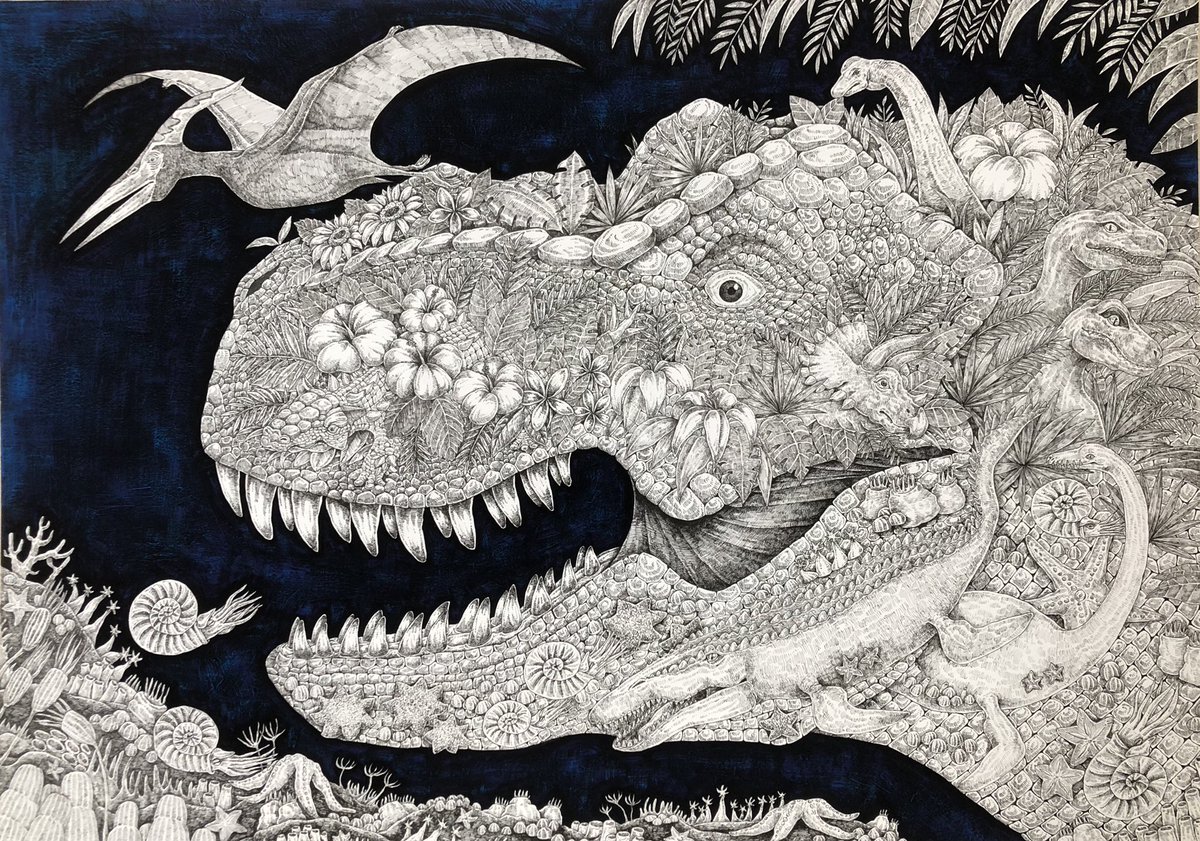 Misato タイトル Dinosaur サイズ 材料 ペン アクリル絵の具 イラストボード ペン画 恐竜 絵描きさんと繋がりたい