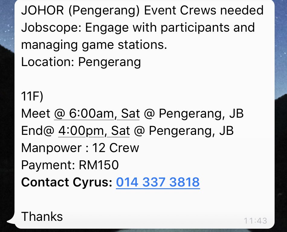 macayden_'s tweet photo. Hi all. Anyone from Johor can work for this event ? 

Event : Amazing Race 
Day: Saturday 
Date : 2nd Nov 2019 
Time: 6am-4pm 
Salary : Rm150 

My colleague need crews from Johor only. 

Please RT and share around thanks! https://t.co/Mlhu3NeWsm