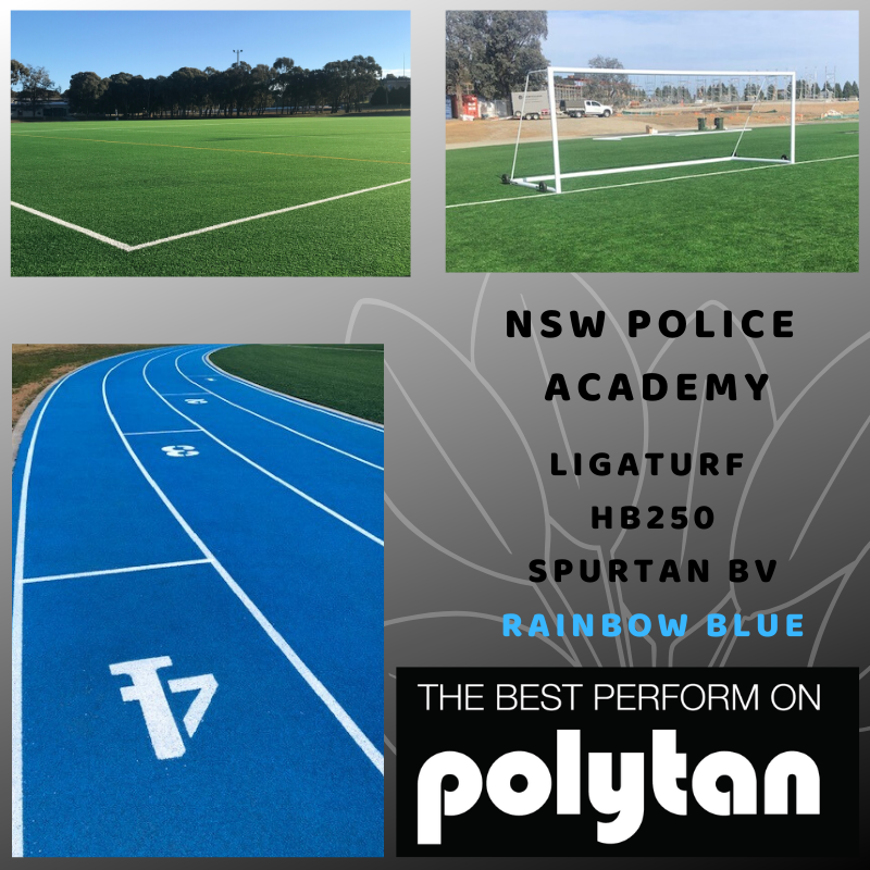 Polytan designed this four lane running track and multipurpose synthetic infield for the NSW Police Academy in Goulburn.

Polytan installed popular durable products, Ligaturf HB260 and Spurtan BV (Rainbow Blue).

Explore the Polytan surfacing range polytan.com.au