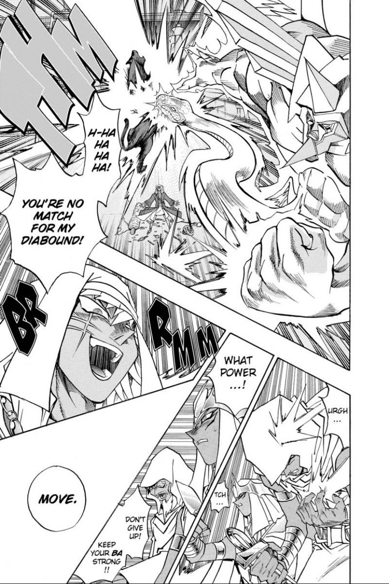 Great moment here with the Pharaoh walking into a dangerous monster fight and shoving Bakura aside to take back his father’s corpse. Nothing else matters to him in this moment.