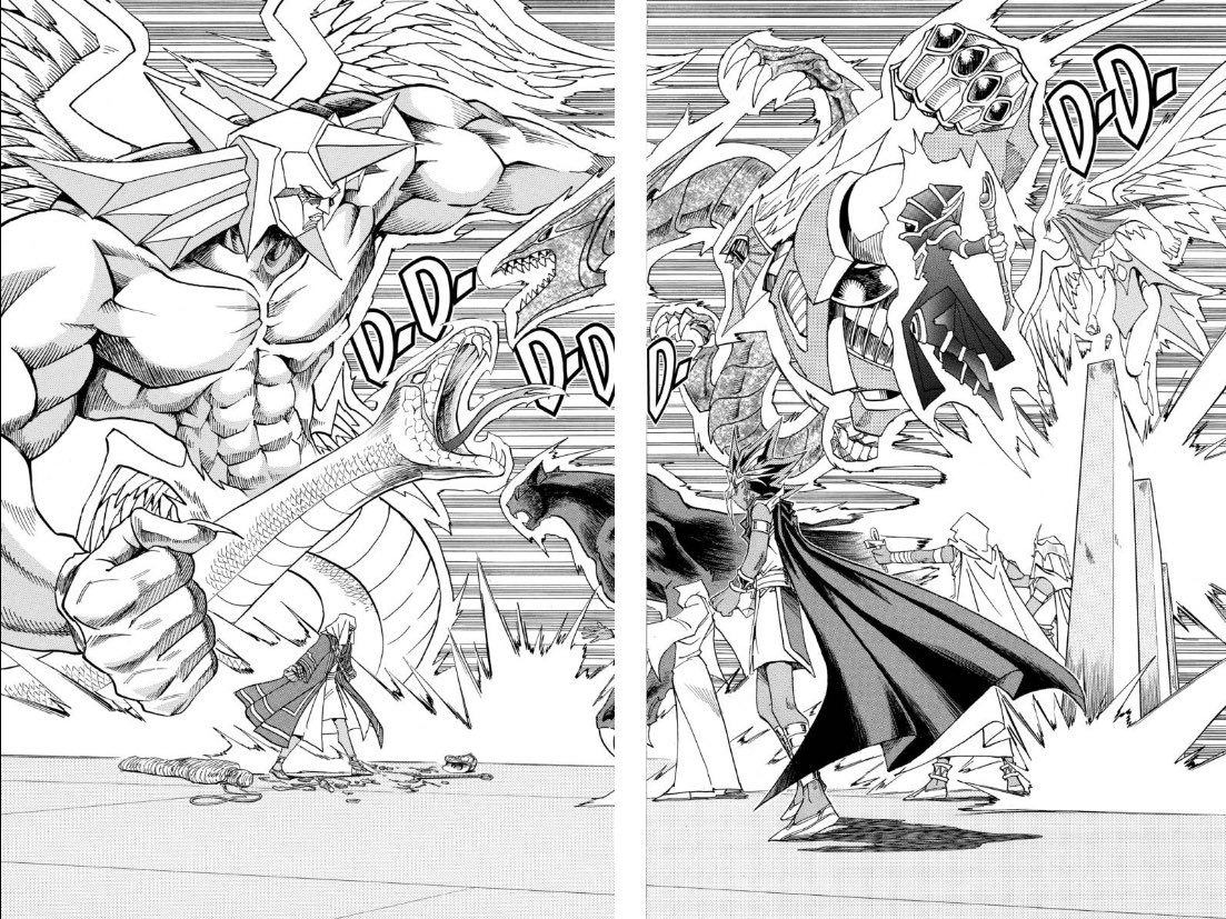 Great moment here with the Pharaoh walking into a dangerous monster fight and shoving Bakura aside to take back his father’s corpse. Nothing else matters to him in this moment.