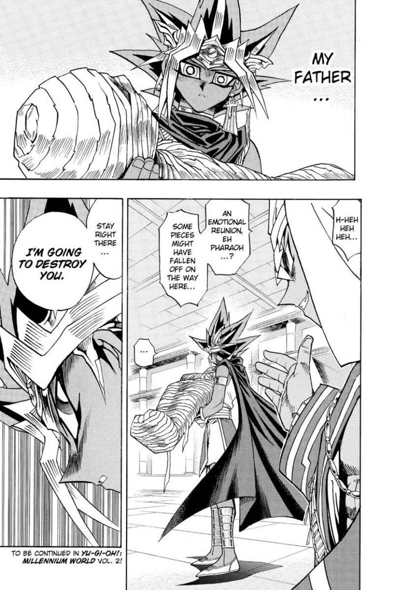 Great moment here with the Pharaoh walking into a dangerous monster fight and shoving Bakura aside to take back his father’s corpse. Nothing else matters to him in this moment.