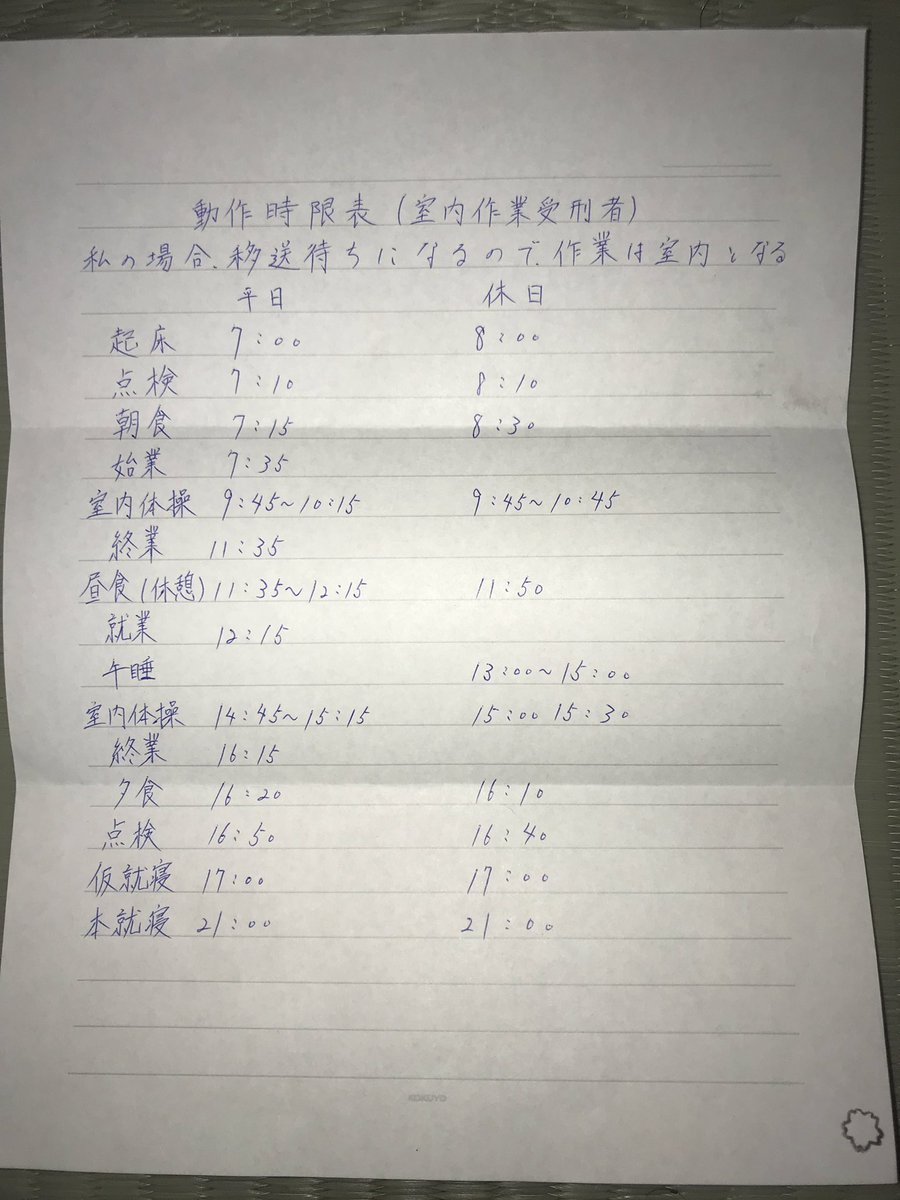 エリート受刑者への道w 受刑者さんの代理人jです 10 15に収監されてから最初の手紙が届いたので更新していきます 写メ２枚目は刑務所内のスケジュール 懲役 受刑者 手紙 刑務所 拡散希望