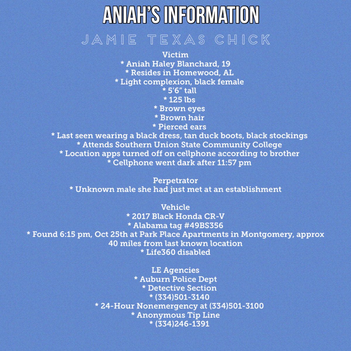 JamieTexasChick's tweet photo. ❌MISSING ANIAH BLANCHARD❌
#AniahBlanchard #AniahHaleyBlanchard #Auburn #Homewood #Montgomery #Alabama #Missing #TrueCrime #Justice #FindAniahBlanchard #LetsFindAniah #JamieTexasChick #DiggingDeeperTrueCrime https://t.co/QHuuXpxTwd