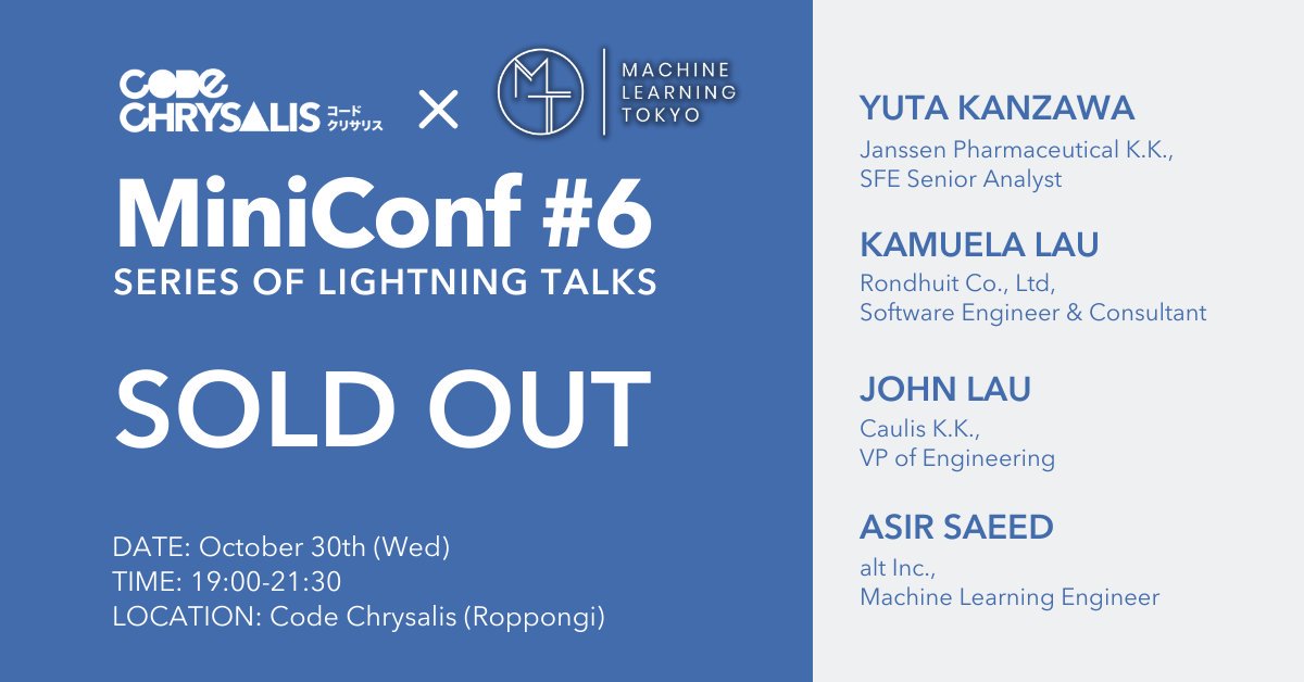 codechrysalis's tweet photo. Our tomorrow's Machine Learning MiniConf with @__MLT__ is now Sold Out! You can still join the waiting list on Meetup:
https://t.co/wYN3uWqhZA
#CCMiniConf https://t.co/NEkvylwMlz