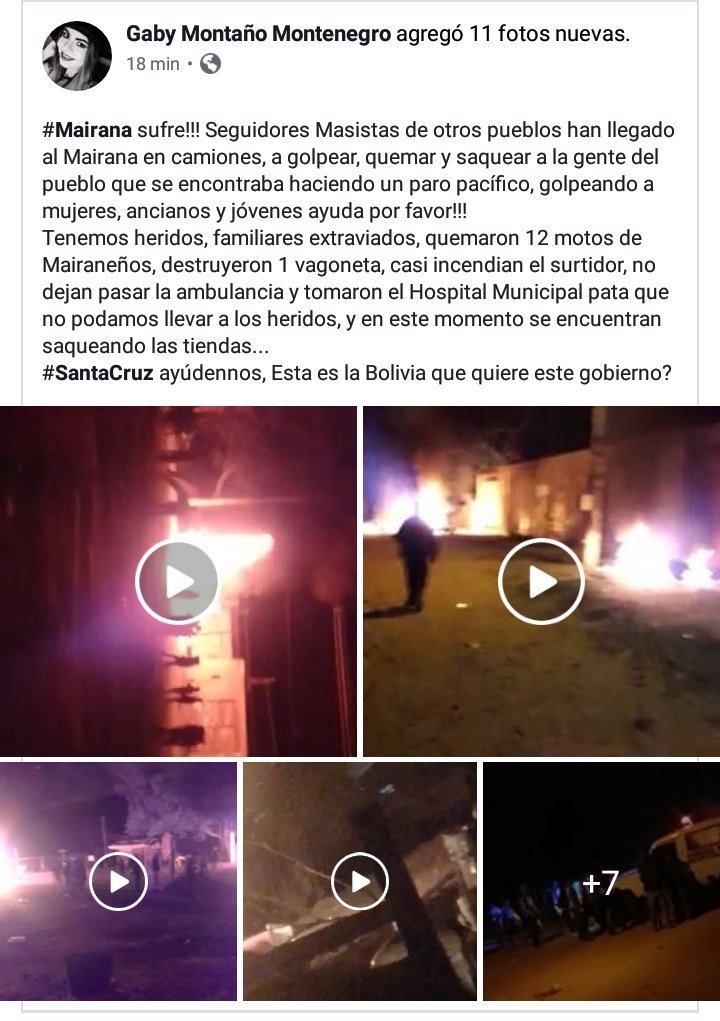 SV0805's tweet photo. @soyfdelrincon Lunes 28, en el municipio de Mairana, Bolivia. Hubieron enfrentamientos entre personas afines al MAS y locales, se reporta 1 muerto, varios heridos y quemas. También se asegura que las personas del MAS fueron traídas en camiones al lugar. #concluELEXBOL6 https://t.co/PqIVVhELlq