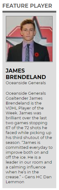 vijhlofficial's tweet photo. The Player of the Week is @GeneralsJrB James Brendeland. He had another strong weekend and leads all VI goaltenders in SV% at .934, Goals Saved Above Average at an impressive 13.77 and shutouts with 3. https://t.co/EjnBUbSj00