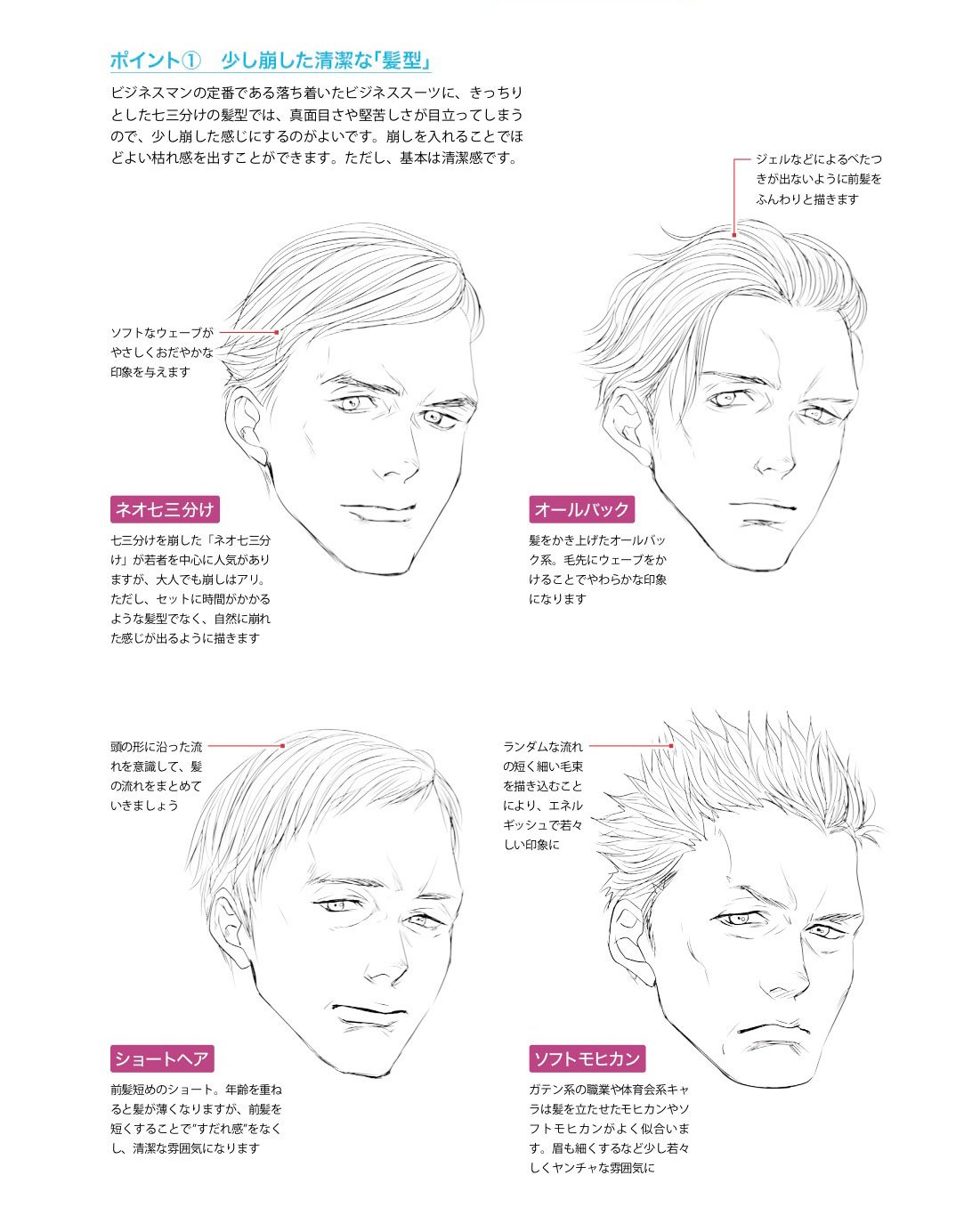 玄光社 超描けるシリーズ 超描ネタ帳 渋い中年男性を描くときのポイントのひとつが髪型 前髪を下ろすと若く見えがちなので 額を見せる髪型が多いです つよ丸さん Tsuyomaru1a 著 色気のある男の描き方 より T Co 6aatglzc0k 超描