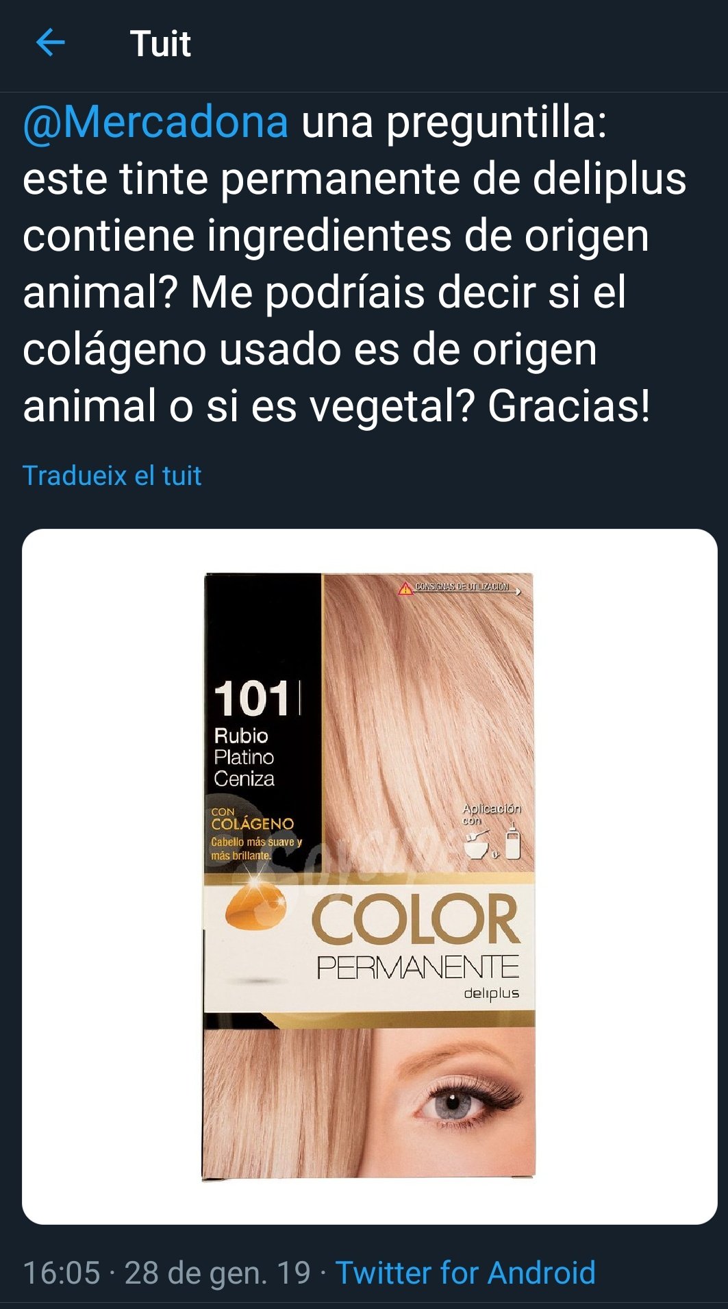 Custodio Perth Blackborough artería Veganoyo 🌱 on Twitter: "#VeggieRespuestas El tinte permanente de color  rubio, de la marca Deliplus, contiene colágeno de origen animal.  https://t.co/FMiAGNO7lo" / Twitter