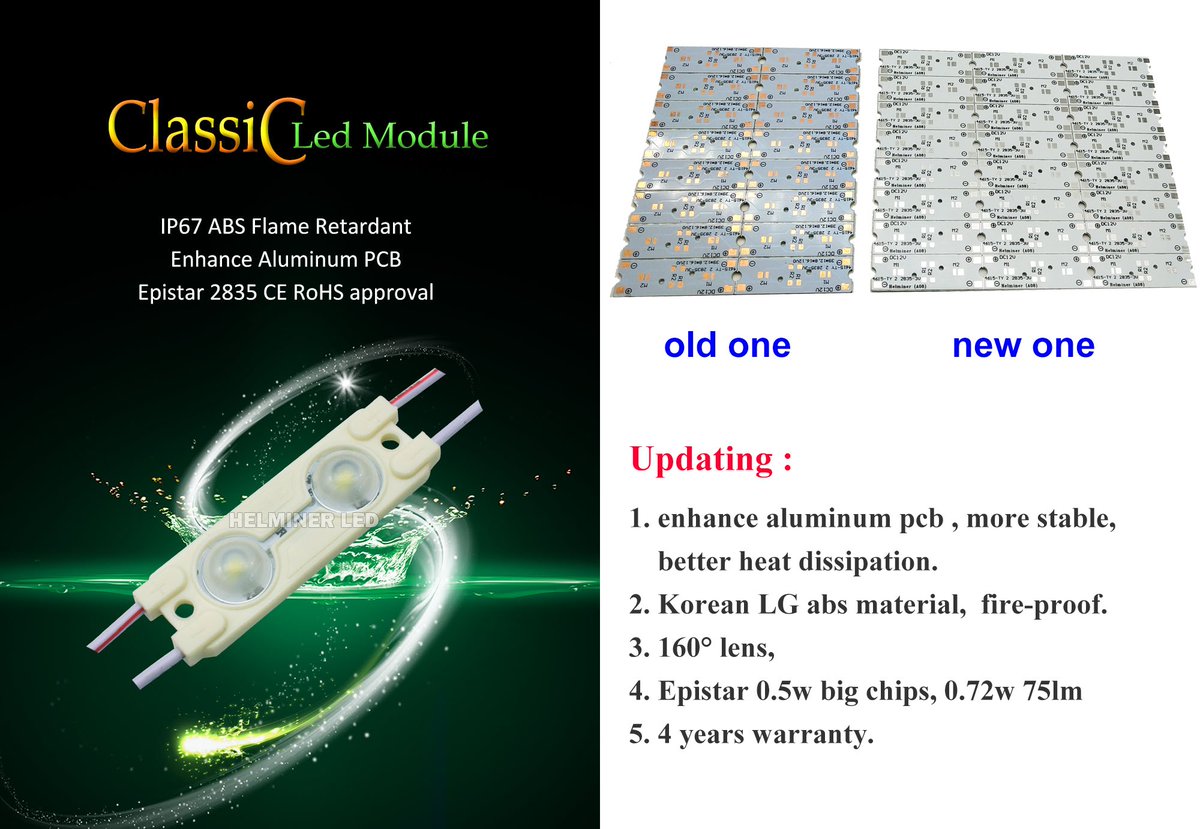 Frank_Helminer's tweet image. Economic series #2835ledmodule, 4 years warranty,
Korean LG abs material, IP67 ABS injection.
160°lens, Epistar 0.5w big chips.
0.72w 2led 75lm/pcs.
Color : White / Red / Green / Blue / Yellow /
#helminer，#sign,#moduliled,#LED_Modulketten #LEDStreifen