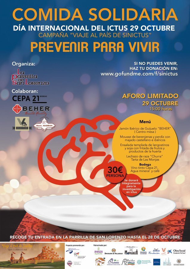 ViajeaSinictus's tweet photo. Hoy sí que sí, hoy es el #DíaMundialdelIctus. Recuerda que hay una comida solidaria en @parrillalorenzo. 30 €. Todo el dinero va a la investigación contra el #ICTUS🧠
Únete a la aventura de la #Salud del País de Sinictus⚔️🛡️
@atlvalladolid @alimentosVALL @ApehV @MercadoDelVal https://t.co/M42sPo5Ow1