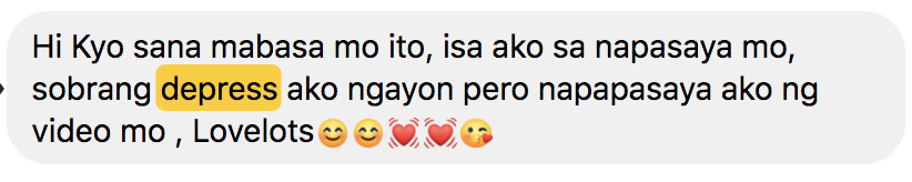 kyoquijano's tweet photo. 10/29/19 
Lagi tinatanong, what keeps me going?
My answer: Knowing na may nagagawa naman pala akong mabuti sa pag gawa ko ng video.
I'm #grateful for being able to make people smile and ease their pain. https://t.co/JjU9aylYkJ